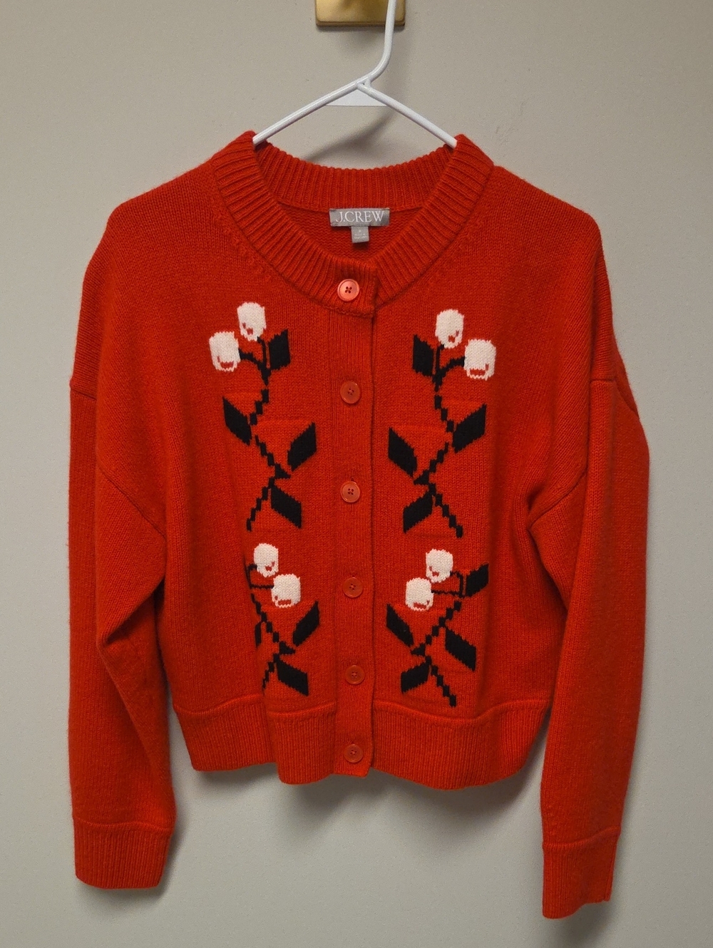 New J Crew Wool Sweater Cardigan, Cherries, Bright Red, Medium